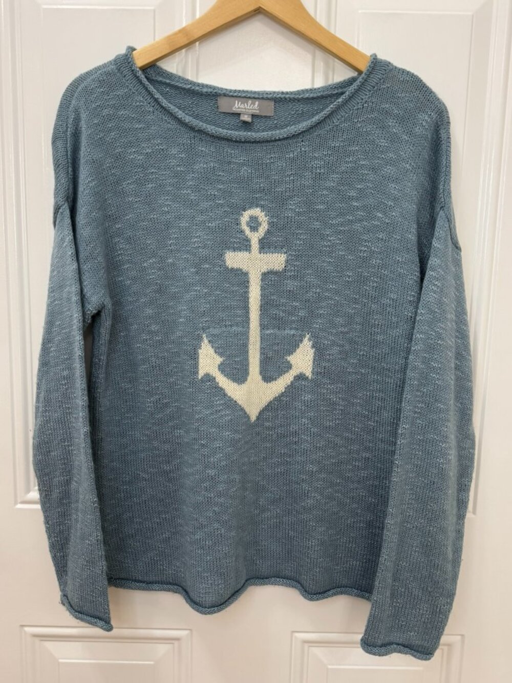 Marled Blue Anchor Knit Sweater Coastal Nautical Lightweight Pullover Size M - Picture 2 of 9